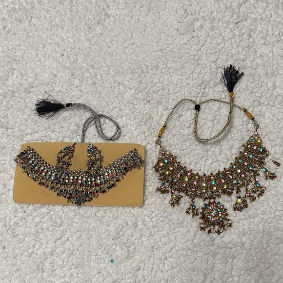 Indian Costume Jewelry 2 Necklaces | Multicolor Rhinestones | Silver & Gold Tone - Picture 4 of 7